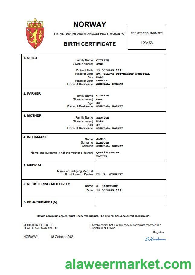 Norway birth certificate Word and PDF template